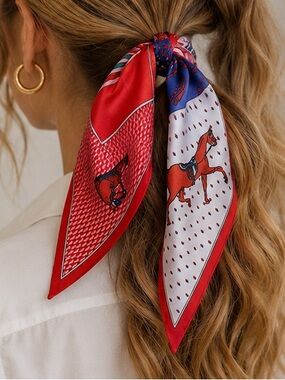 Designer Inspired Equestrian Silk Scarf Twilly Red Blue Horse Print